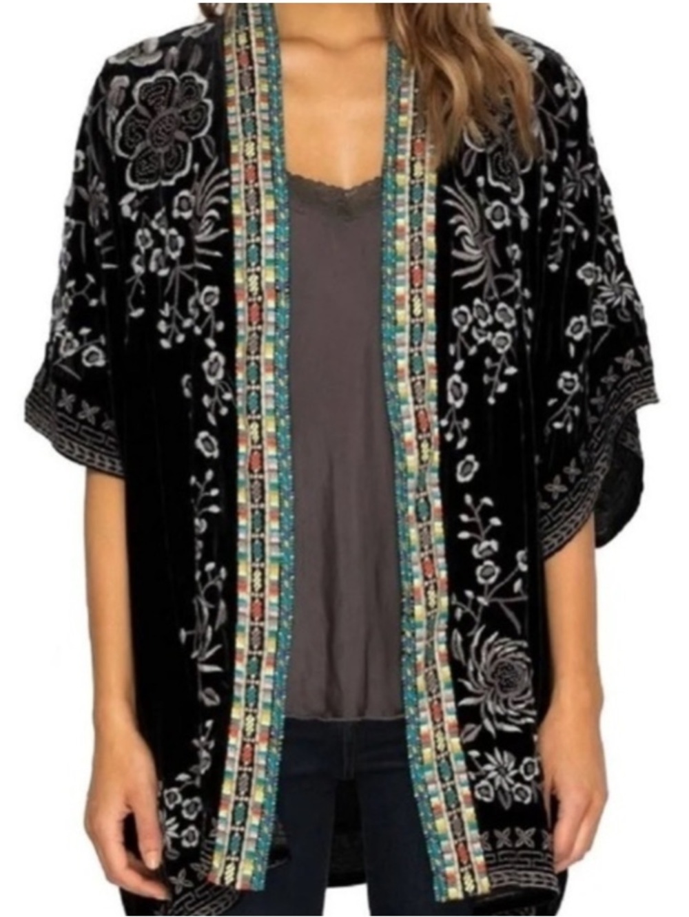 L&B Lucky & Blessed Embroidered Velvet Open-Front Kimono Black Jacket Size M